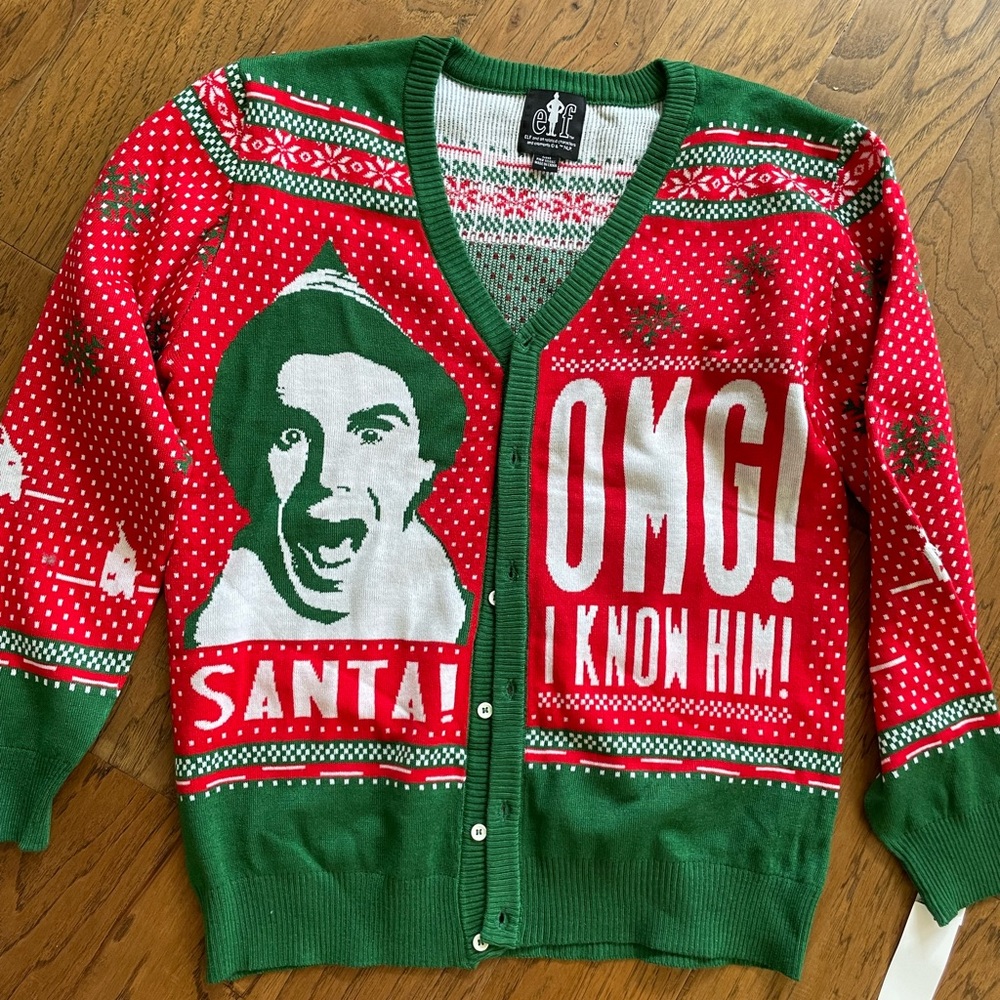 Buddy the Elf Button Front Red Green Ugly Christmas Cardigan Sweater